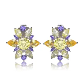 Cubic Zirconia Sterling Silver Rhodium Plated Lemon, Amethyst And Peridot Flower Earrings