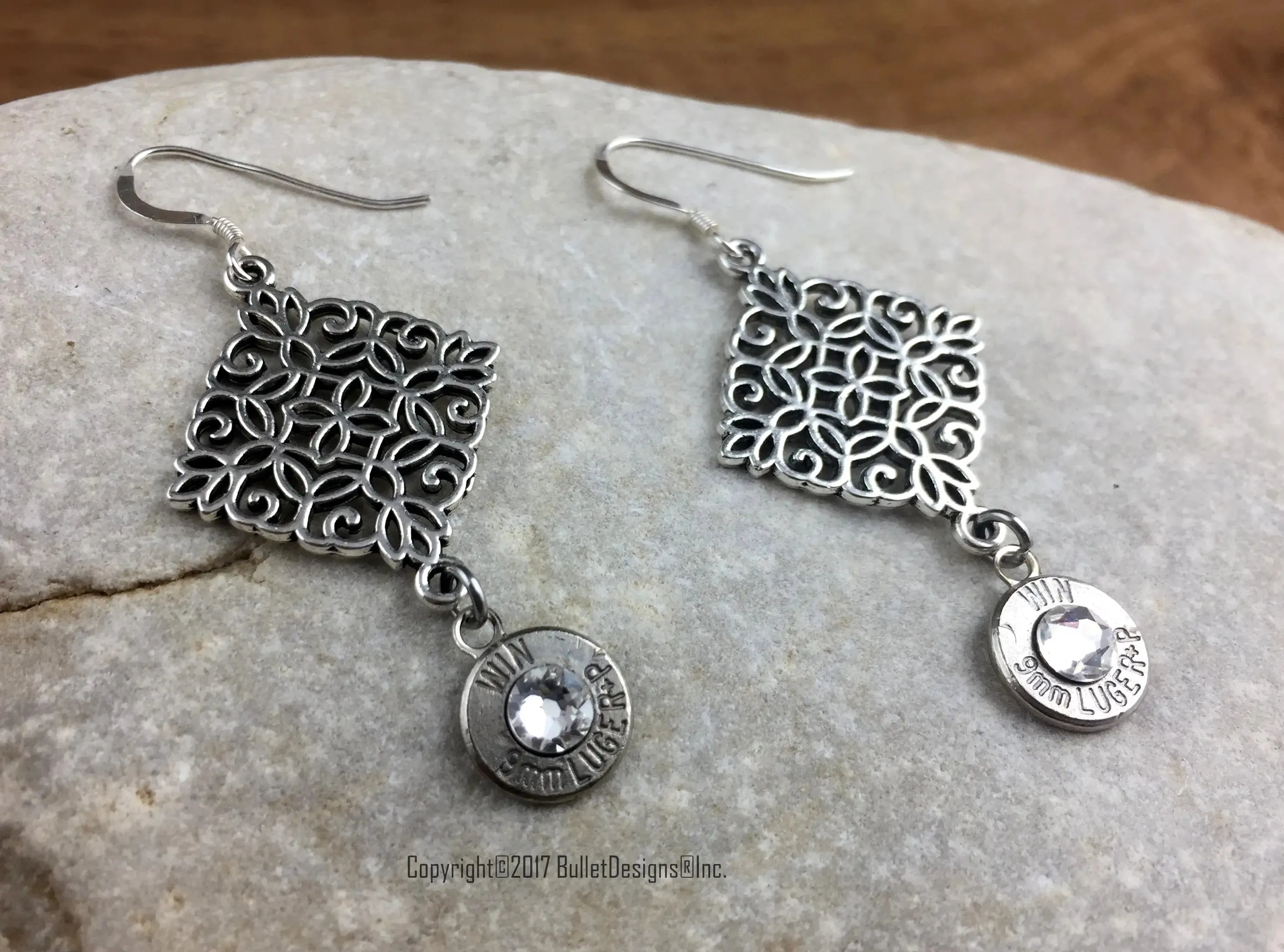 Custom Filigree Dangle Bullet Earrings, Nickel Bullet