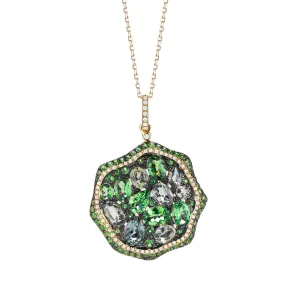 Diamond weight- .27  Tsavorite (green) garnet weight- 3.16  Fancy green/grey sapphire weight- 4.08 (w/o chain)