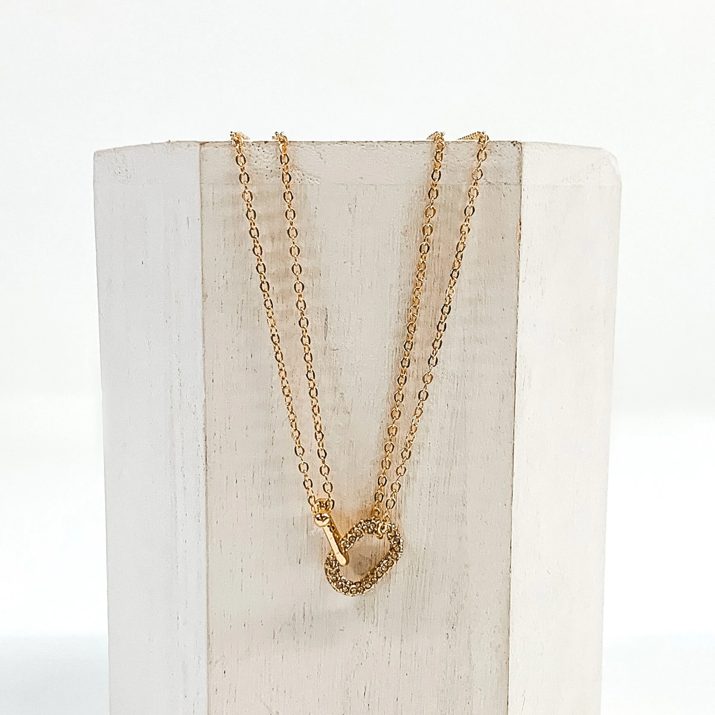 Double Chain Necklace with Rhinestone Pendant in Gold