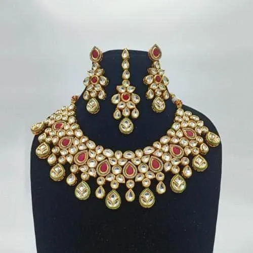 Drop Ad Kundan Necklace Earring And Teeka Set