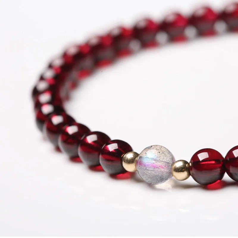 Elegant 14k Gold Garnet and Moonlight Stone Bracelet for Women