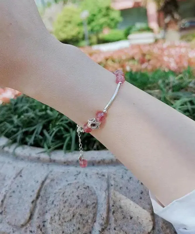 Elegant Aqua Red Sterling Silver Strawberry Crystal Garnet Charm Bracelet ML0674