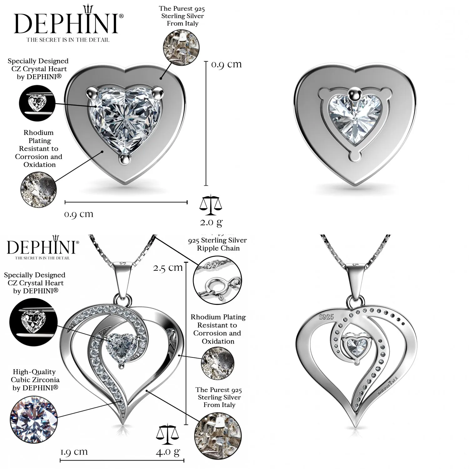 Elegant Heart Set Necklace Heart Earrings 925 Silver Jewellery Dephini