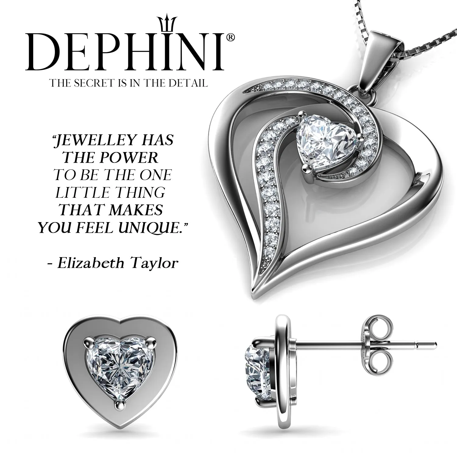 Elegant Heart Set Necklace Heart Earrings 925 Silver Jewellery Dephini