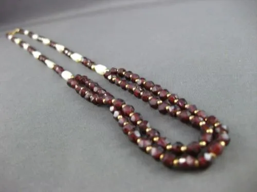 ESTATE 14KT YELLOW GOLD AAA GARNET & AAA PEARL DOUBLE STRANDED NECKLACE #20589