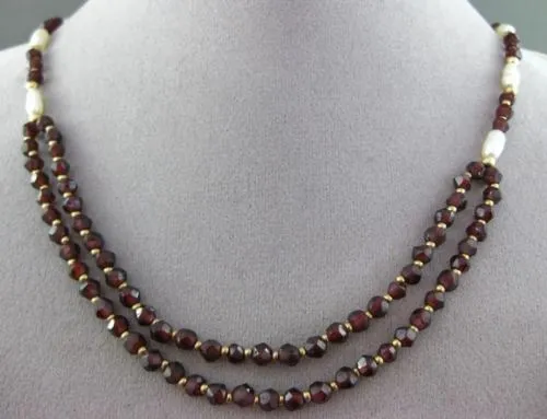 ESTATE 14KT YELLOW GOLD AAA GARNET & AAA PEARL DOUBLE STRANDED NECKLACE #20589