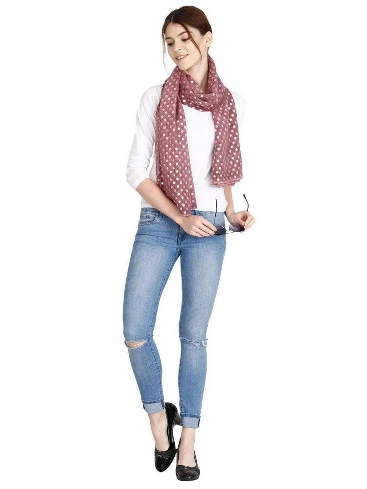 FabSeasons Casual Maroon Cotton Solid Scarf with Printed Silver Polka Dots