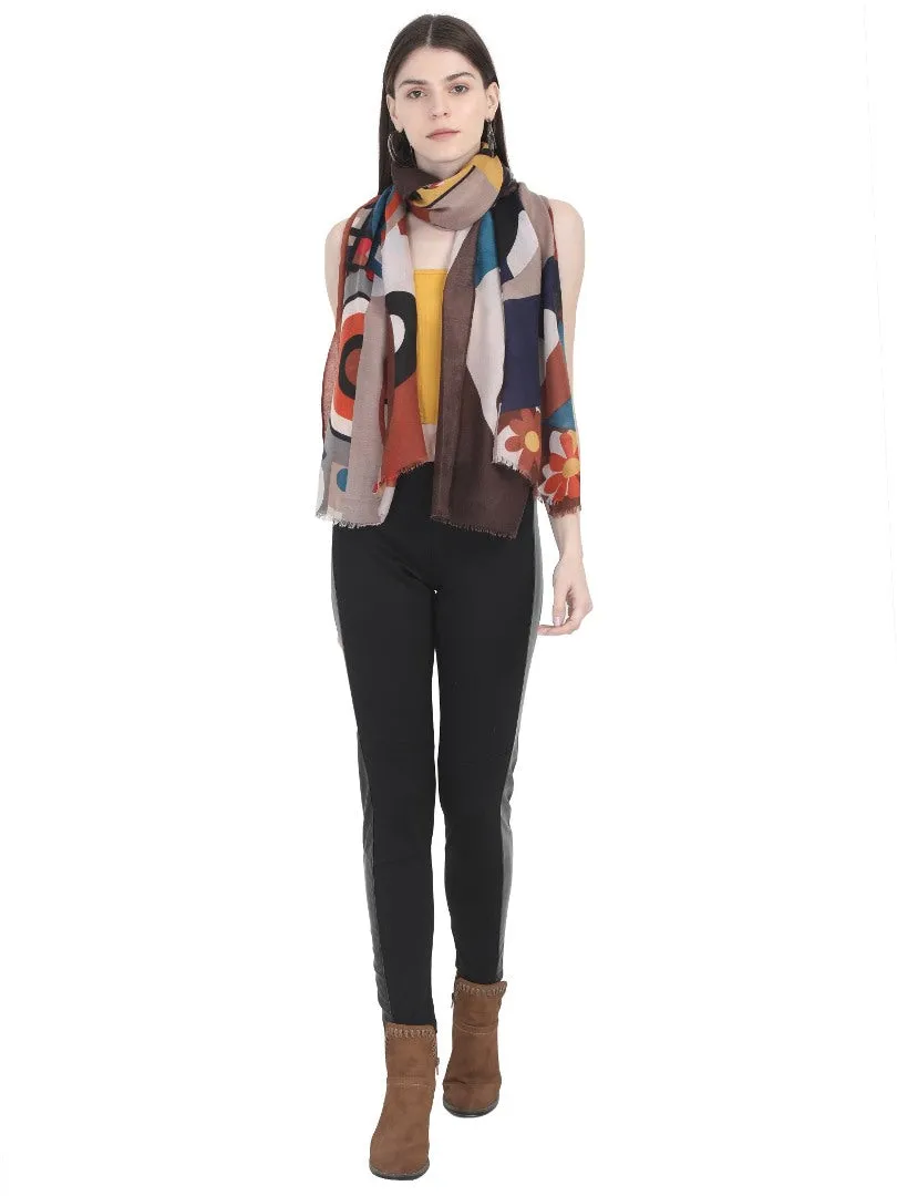 FabSeasons Stylish Brown Abstract Printed Cotton Scarves for Summer & Winter