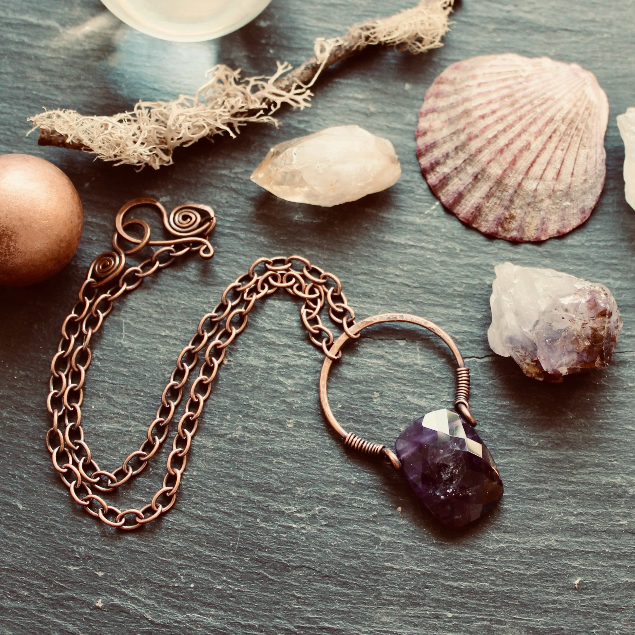 Faceted Amethyst Nimbus Pendant Necklace in Copper