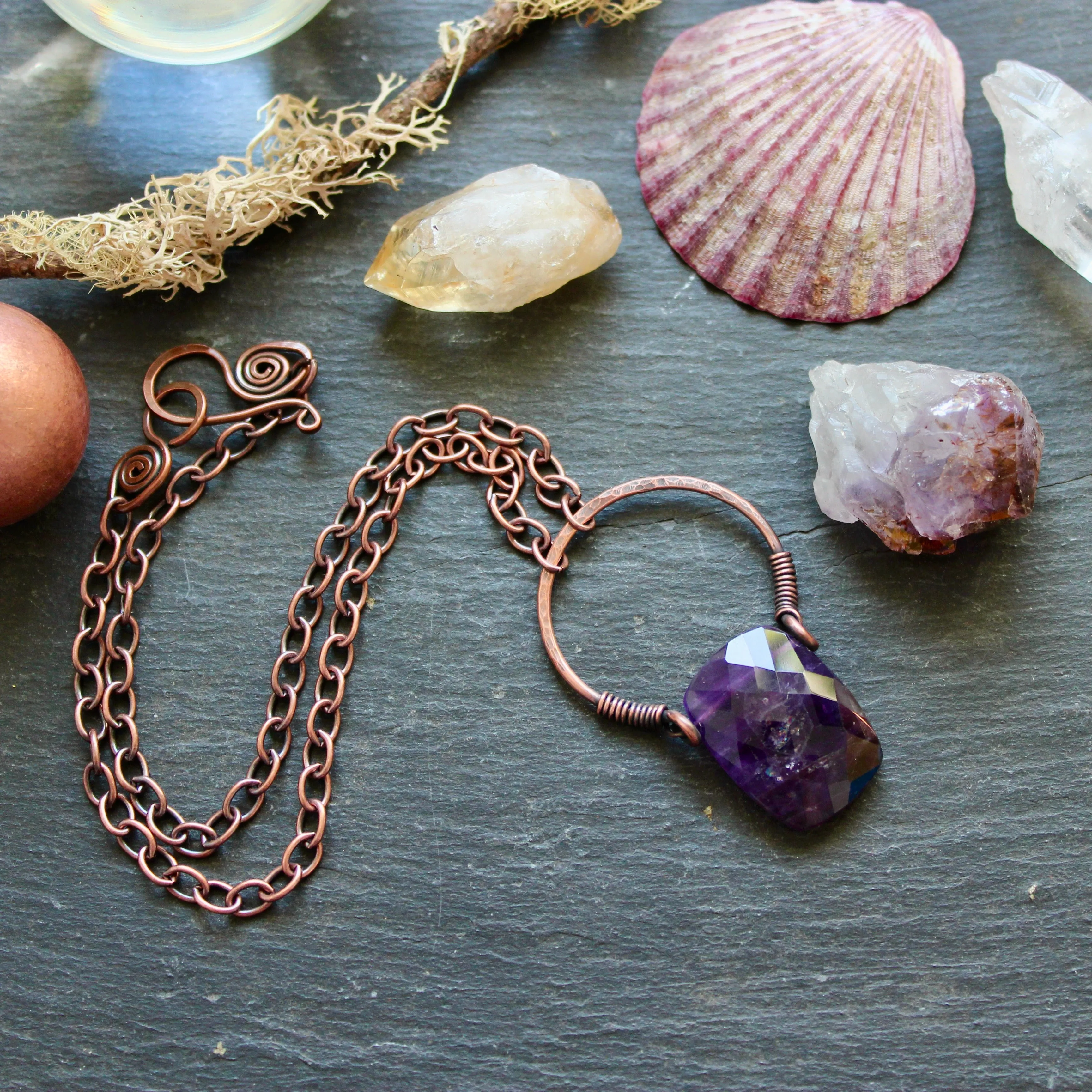 Faceted Amethyst Nimbus Pendant Necklace in Copper