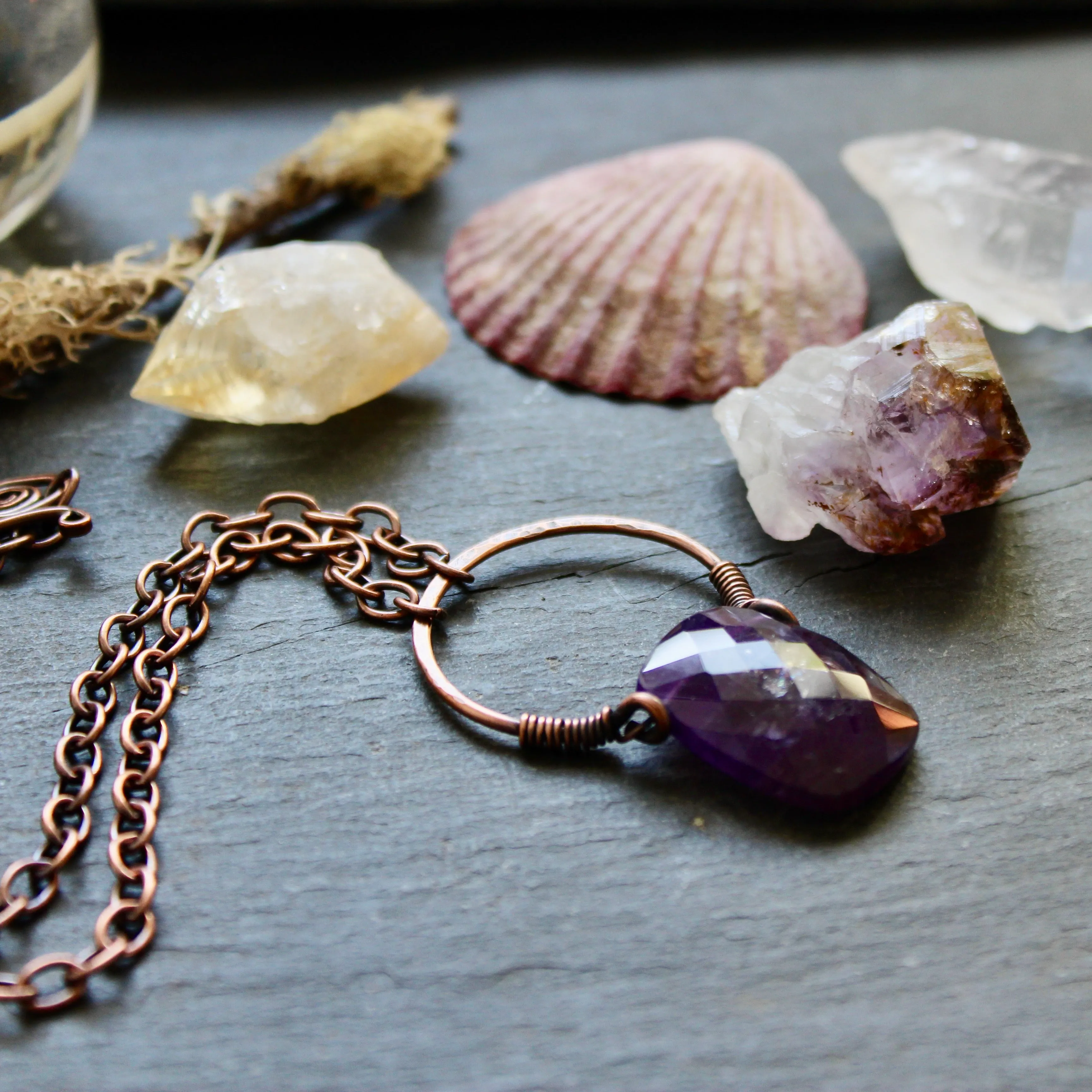 Faceted Amethyst Nimbus Pendant Necklace in Copper