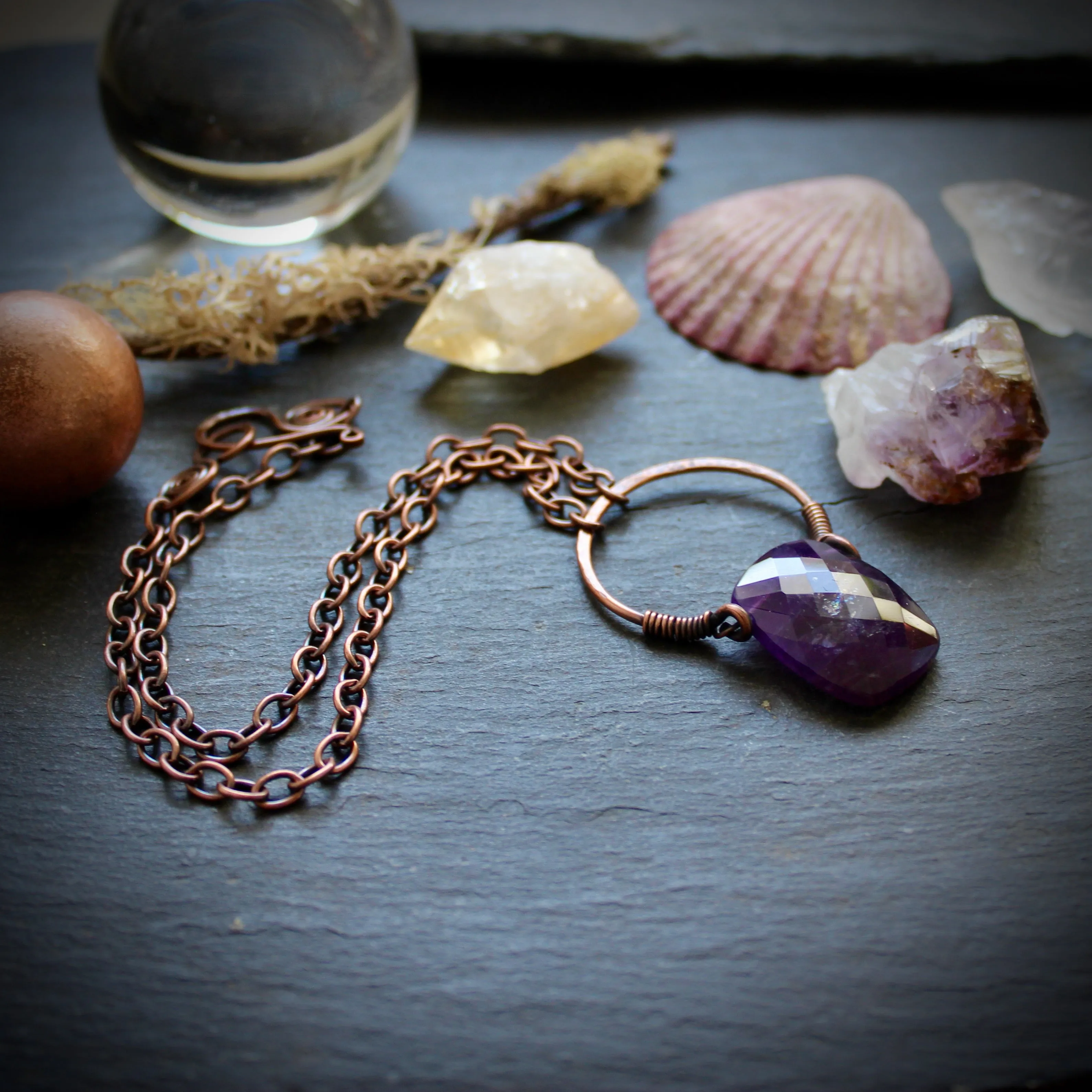 Faceted Amethyst Nimbus Pendant Necklace in Copper