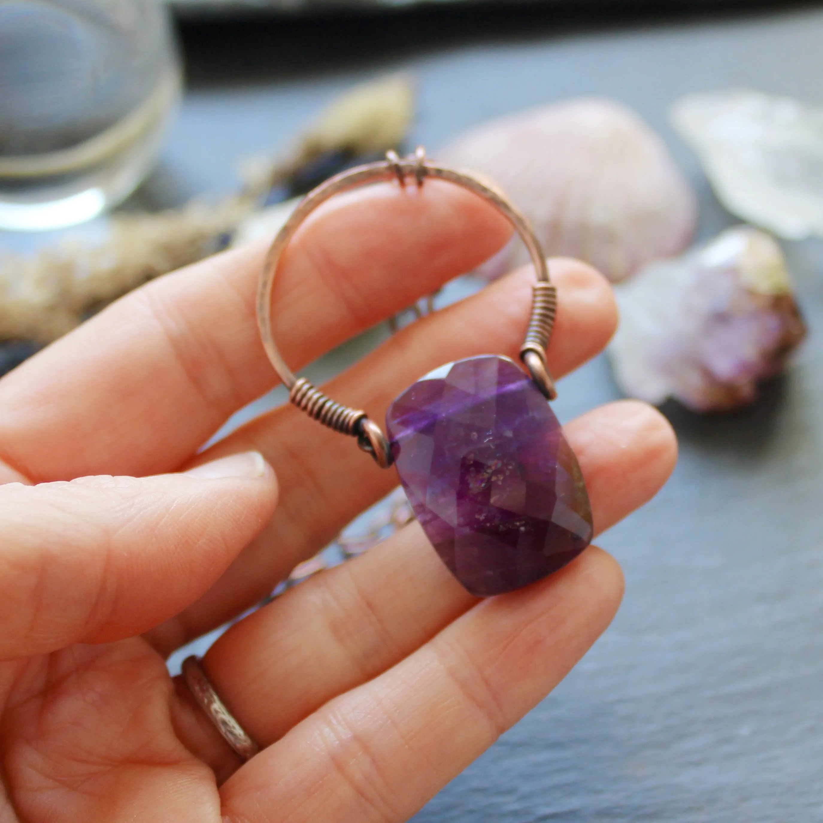 Faceted Amethyst Nimbus Pendant Necklace in Copper