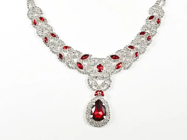 Fancy Pear Shape Dangle Ruby Color Crystal Thick Multi Row Micro Crystal Style Design Fashion Earring Necklace Set