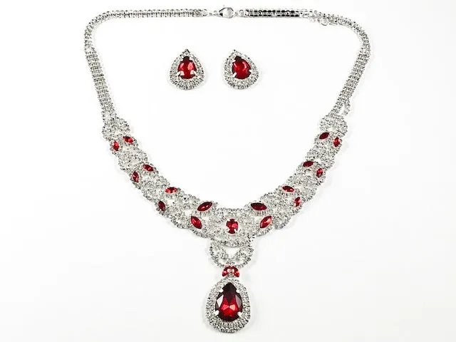 Fancy Pear Shape Dangle Ruby Color Crystal Thick Multi Row Micro Crystal Style Design Fashion Earring Necklace Set