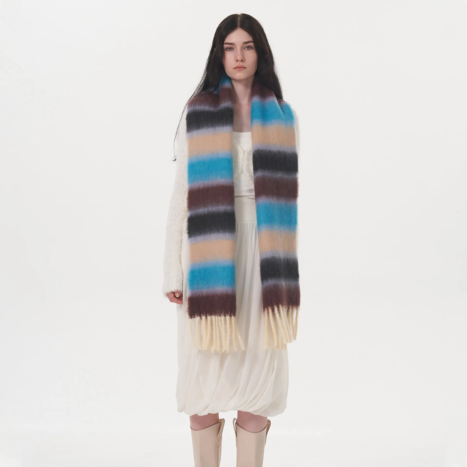 Fashionable Thick Soft Striped Mohair Cashmere Plaid Scarf