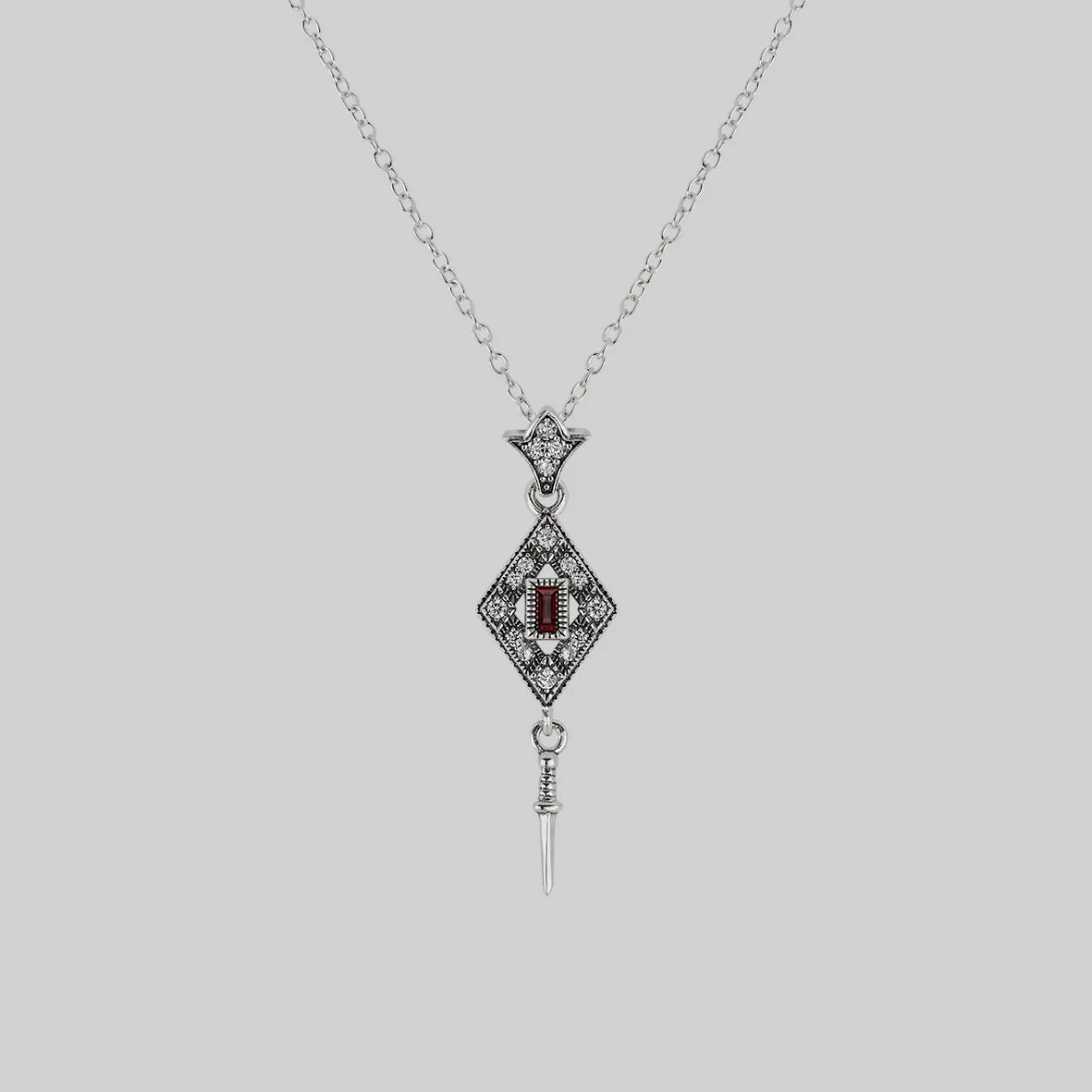 FLAPPER. Gatsby Garnet & Sword Necklace - Silver