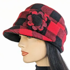 Fleece Fashion Cap with floral pin in popular plaid check, with fleece cuff and pin