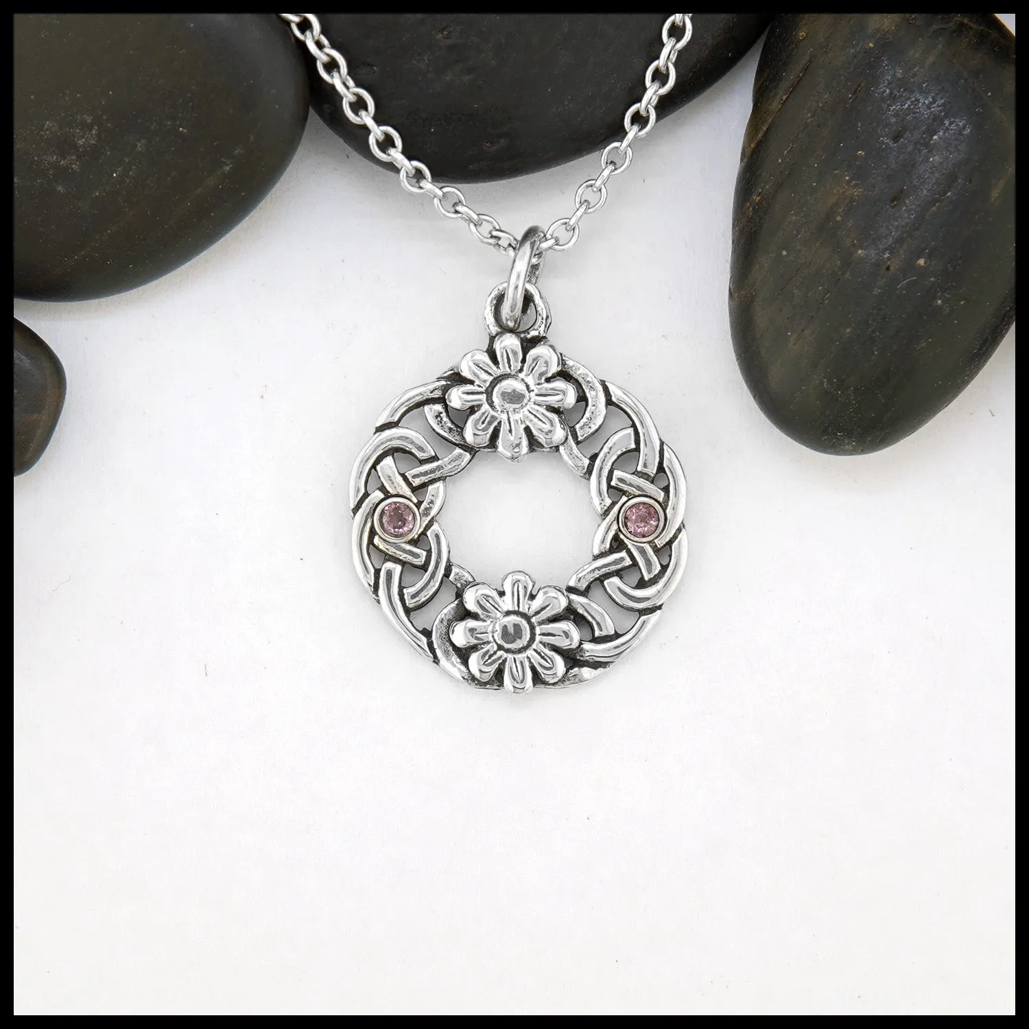 Floral Celtic Wreath Pendant with Garnet