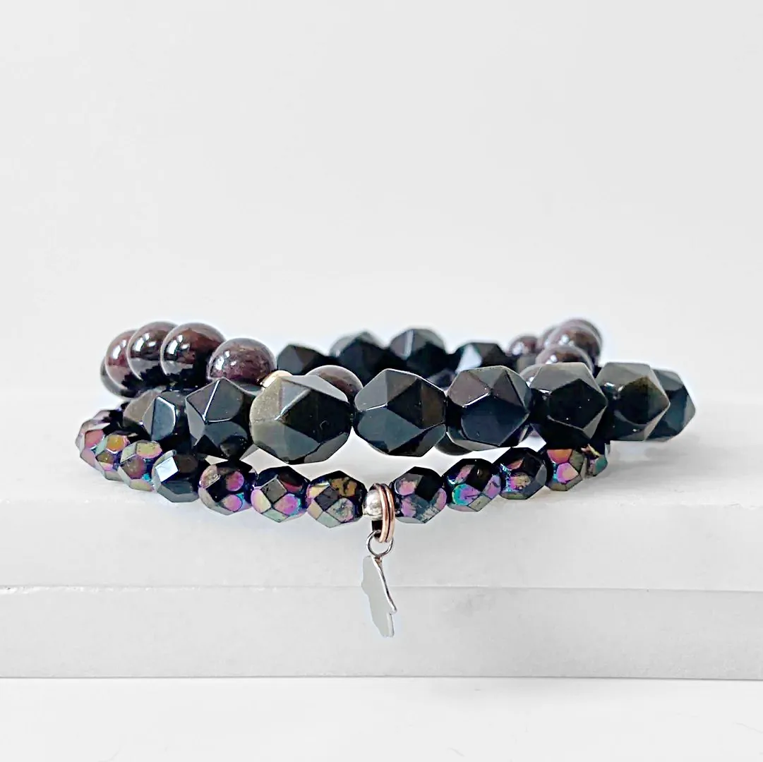 Garnet and Black Obsidian Bracelet Stack