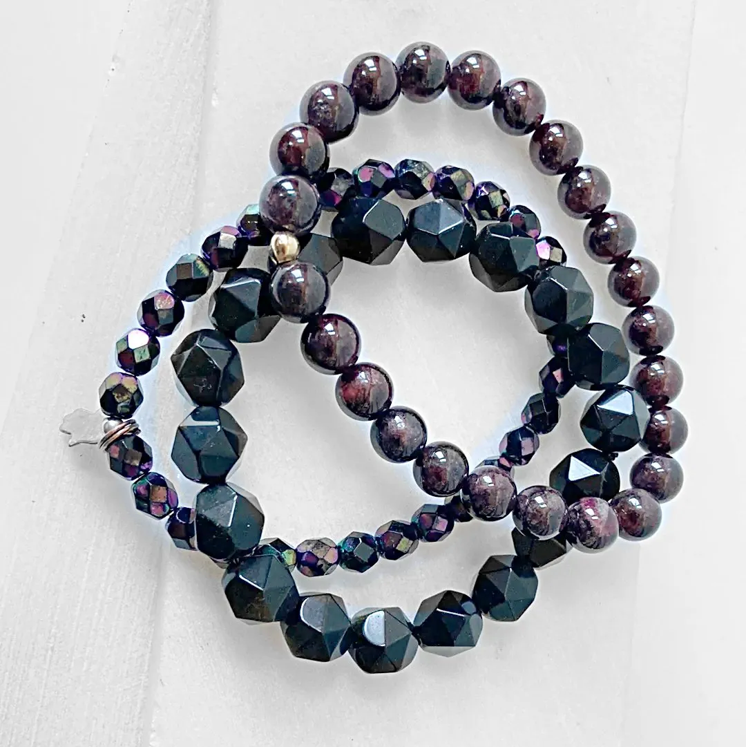 Garnet and Black Obsidian Bracelet Stack