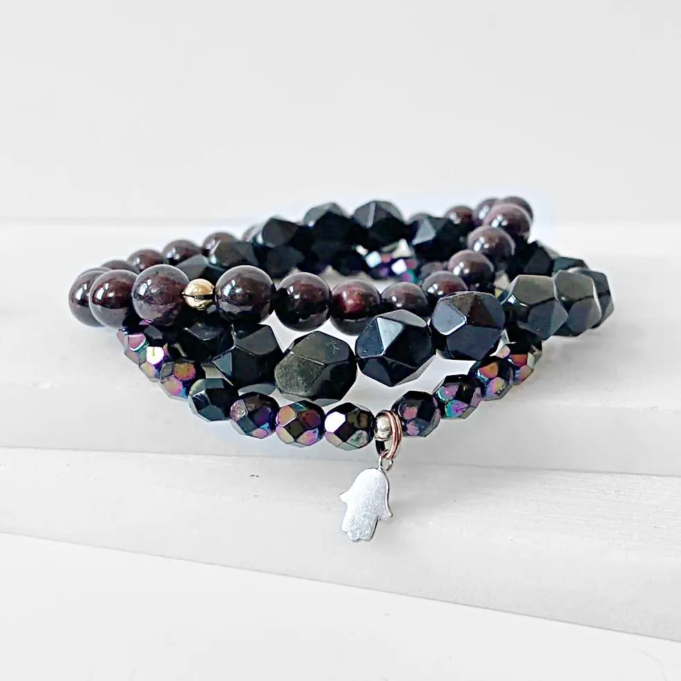 Garnet and Black Obsidian Bracelet Stack