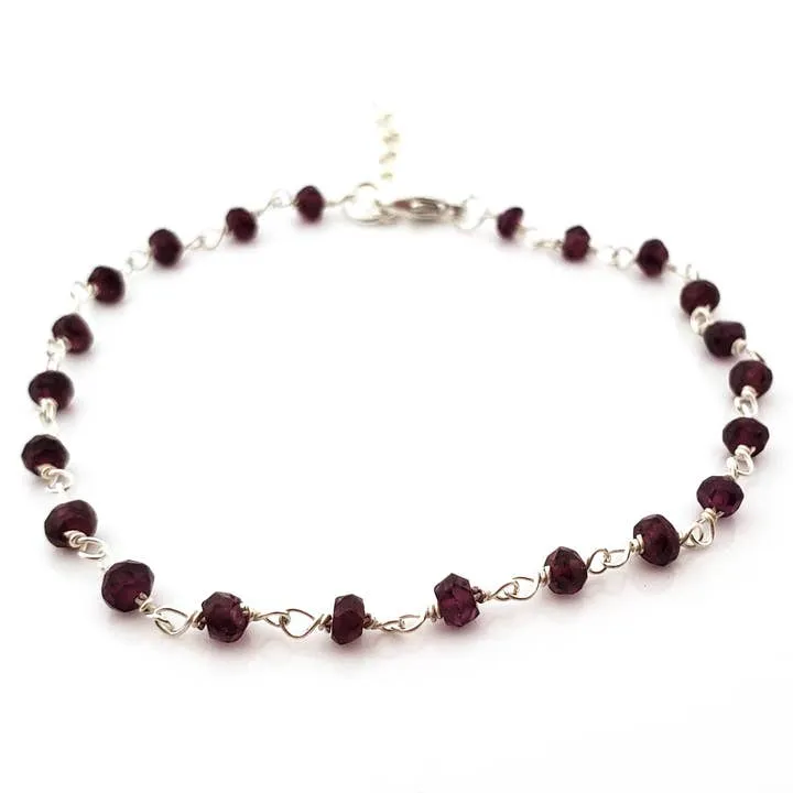 Garnet Gemstone Wire Wrapped Sterling Silver Bracelet