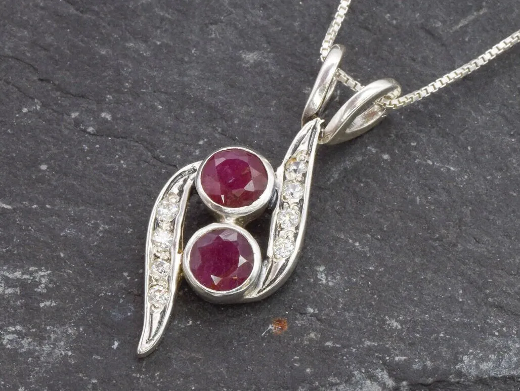 Genuine Ruby Necklace - Two Stone Red Necklace - July Birthstone Necklace