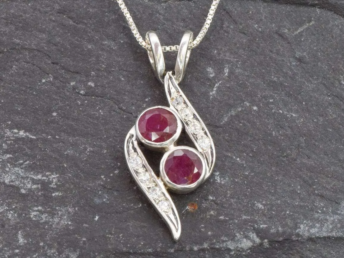 Genuine Ruby Necklace - Two Stone Red Necklace - July Birthstone Necklace