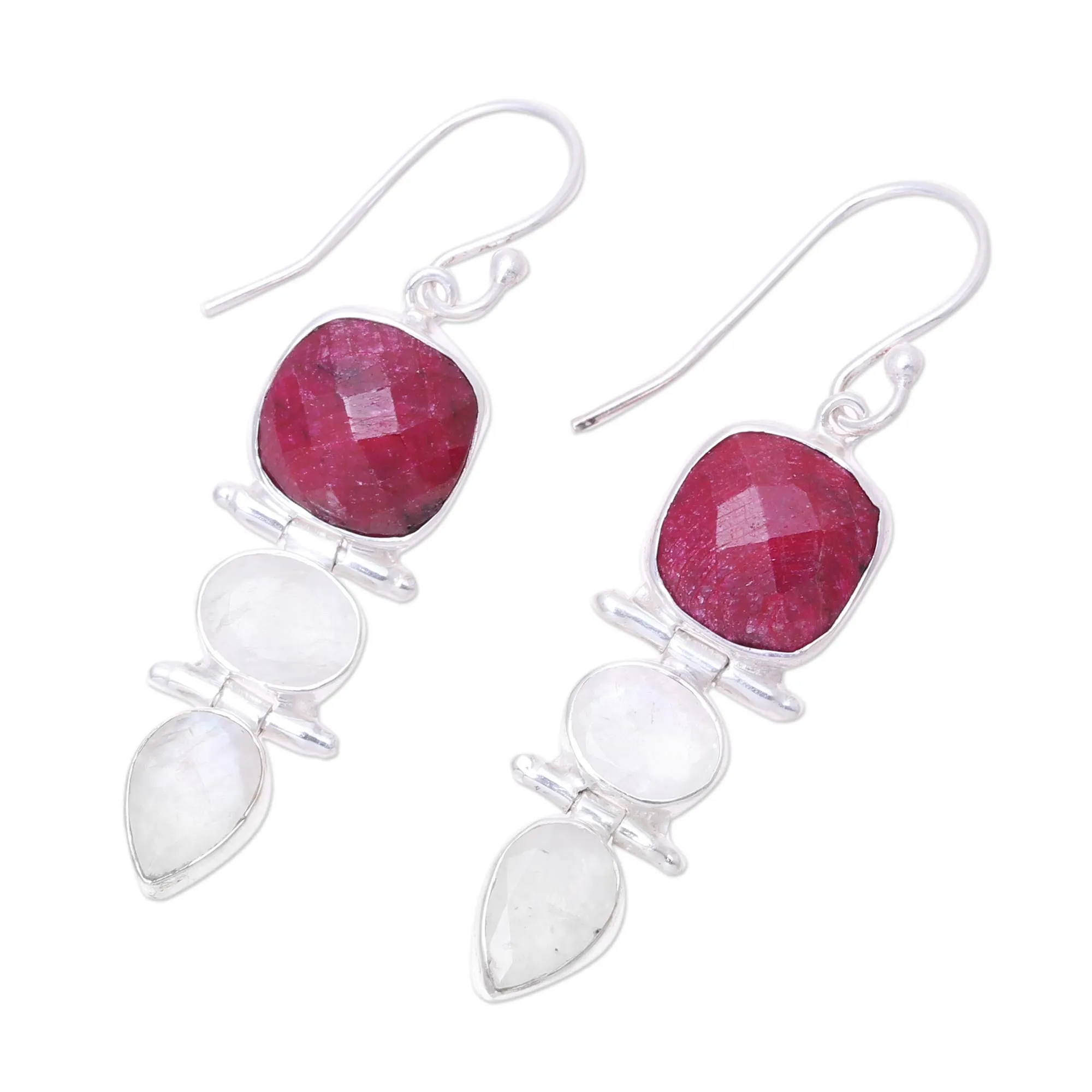 Glittering Muse Ruby and Rainbow Moonstone Dangle Earrings from India