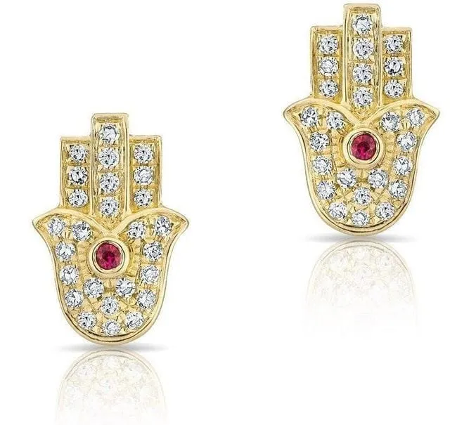 Gold Diamond Studd Hamsa Earrings