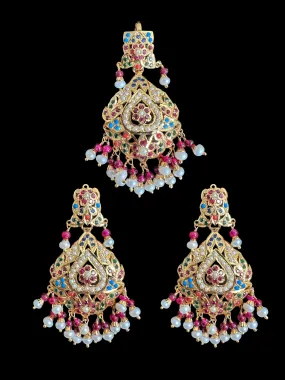 Gold plated jadau silver pendant set in navratan  ( READY TO SHIP )