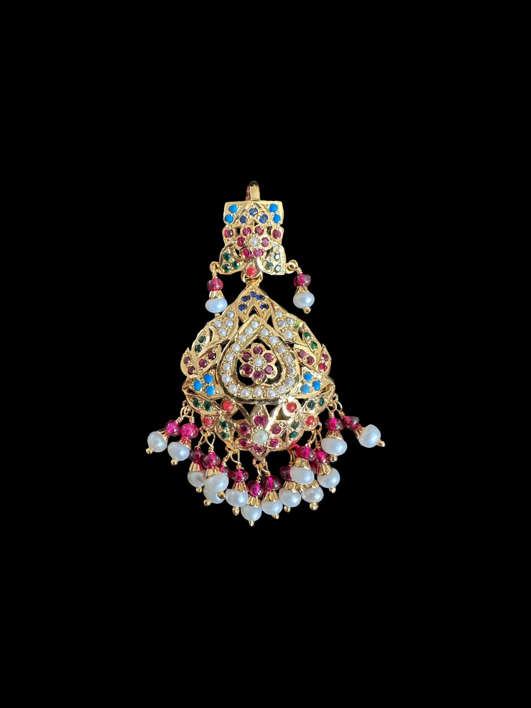 Gold plated jadau silver pendant set in navratan  ( READY TO SHIP )