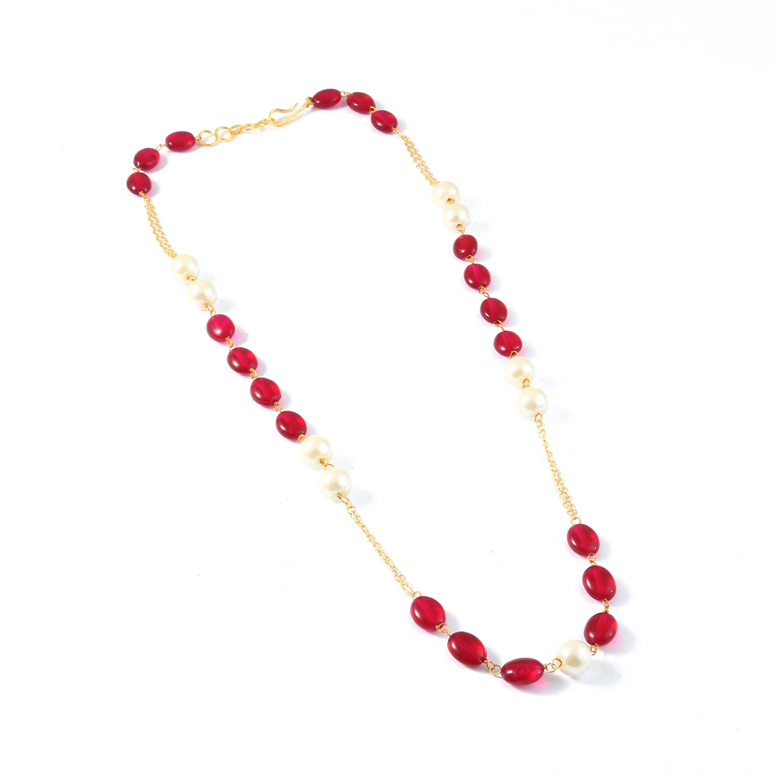 Gold-Plated Necklace with Ruby Beads and Shell Pearls