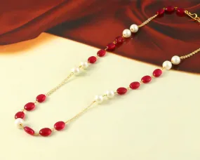 Gold-Plated Necklace with Ruby Beads and Shell Pearls