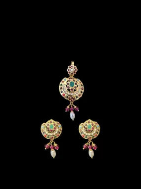 Gold plated pendant set in silver - Ruby emerald pearl ( READY TO SHIP )