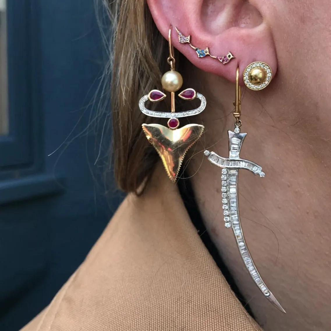 Gold Shark Tooth Stone Statement Earrings