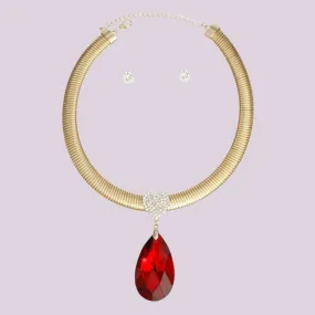 Gold-Tone Necklace Set with Ruby Teardrop Pendant