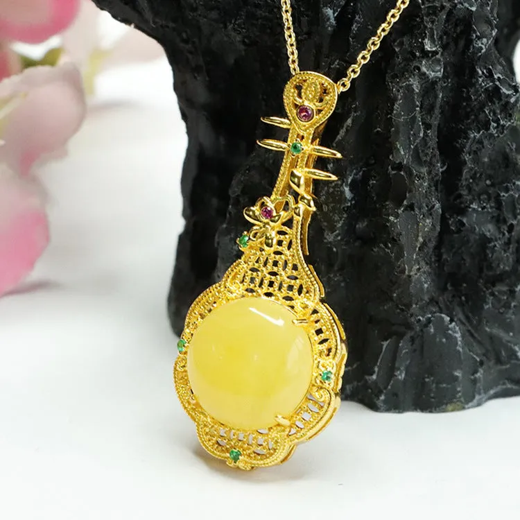 Golden Pipa Necklace with Natural Round Amber Beeswax Pendant - Traditional Chinese Jewelry