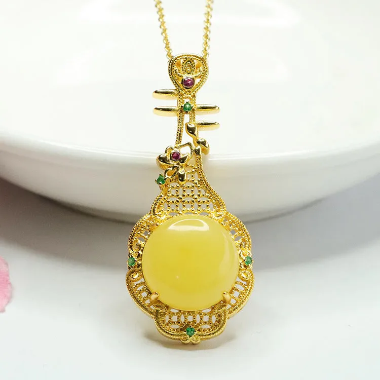 Golden Pipa Necklace with Natural Round Amber Beeswax Pendant - Traditional Chinese Jewelry