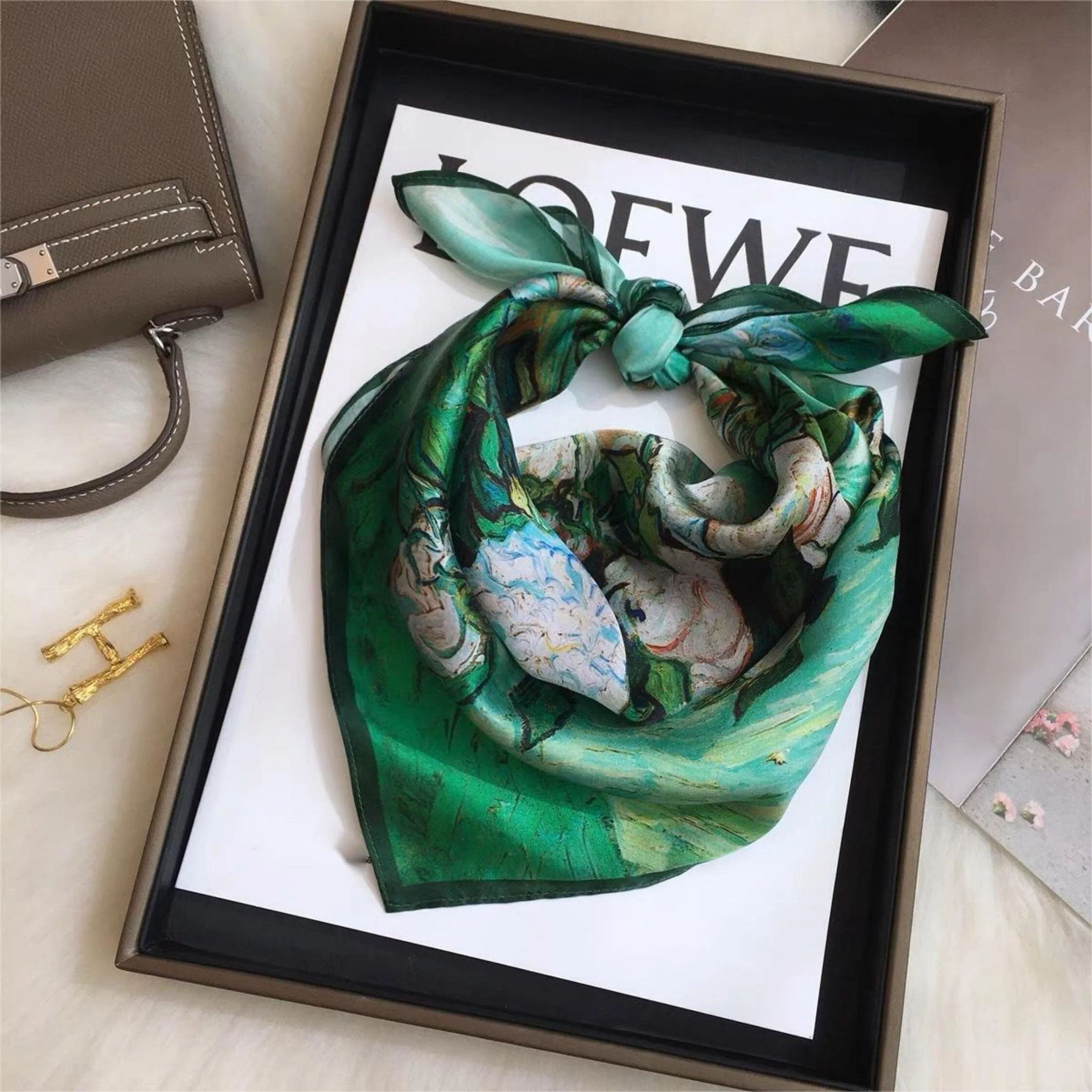 Green oil painting texture 100% mulberry Silk Scarf/Silk hair scarf/Silk neck scarf/Mother's Day Gifts/Bag Accessory/Gift for her