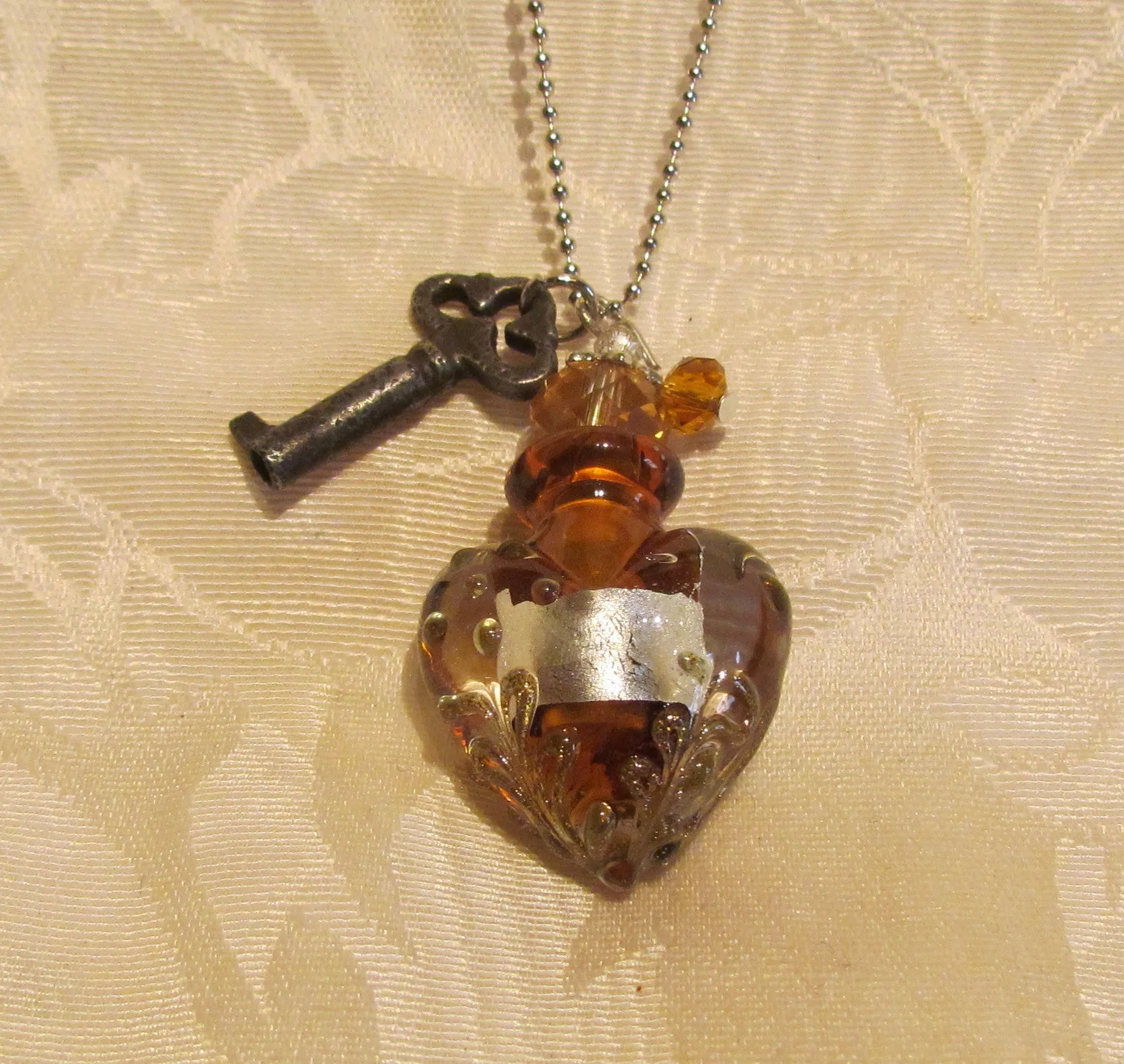 Heart & Key Bottle Necklace Murano Silver Amber Lampwork Pendant Bottle