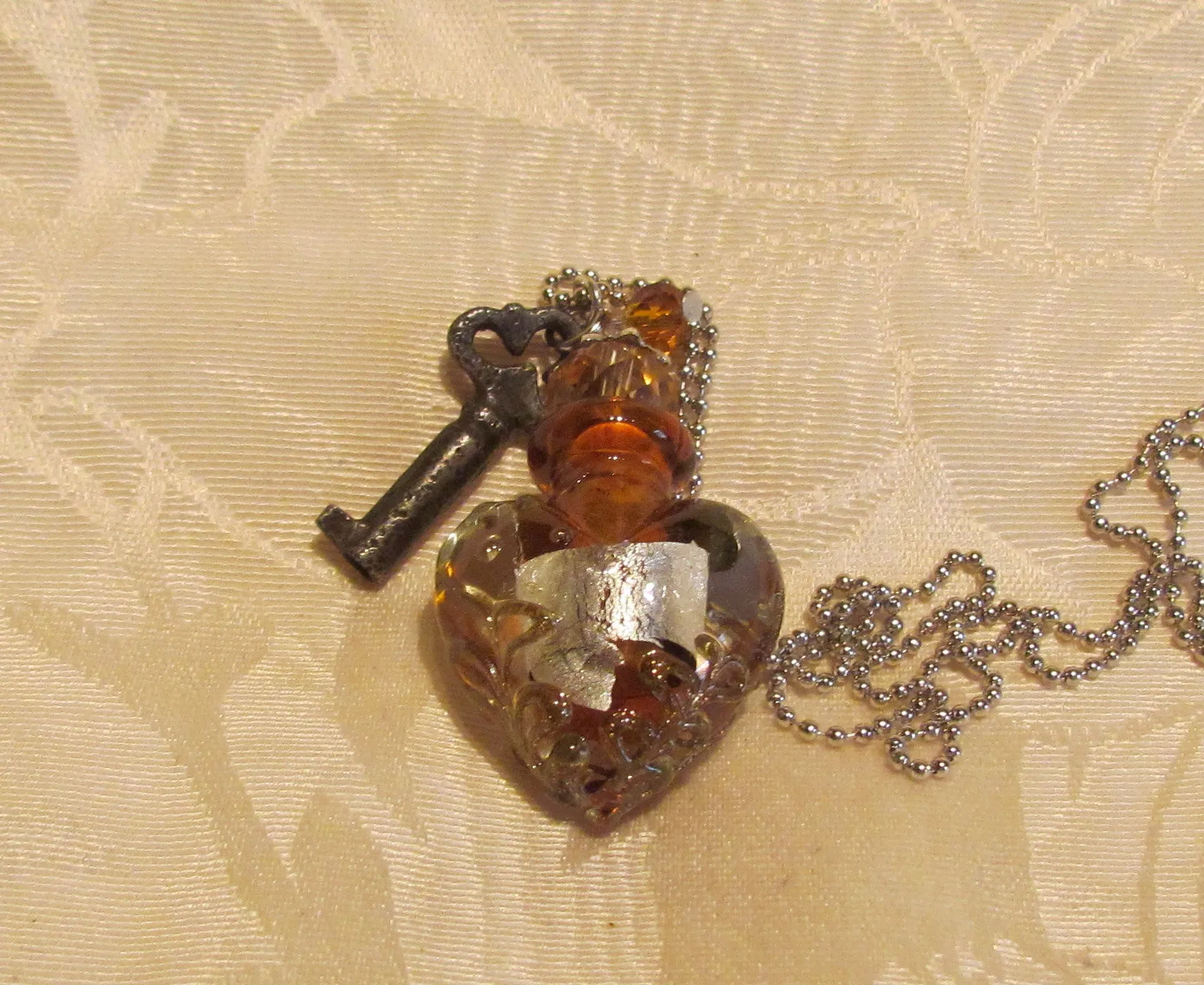 Heart & Key Bottle Necklace Murano Silver Amber Lampwork Pendant Bottle