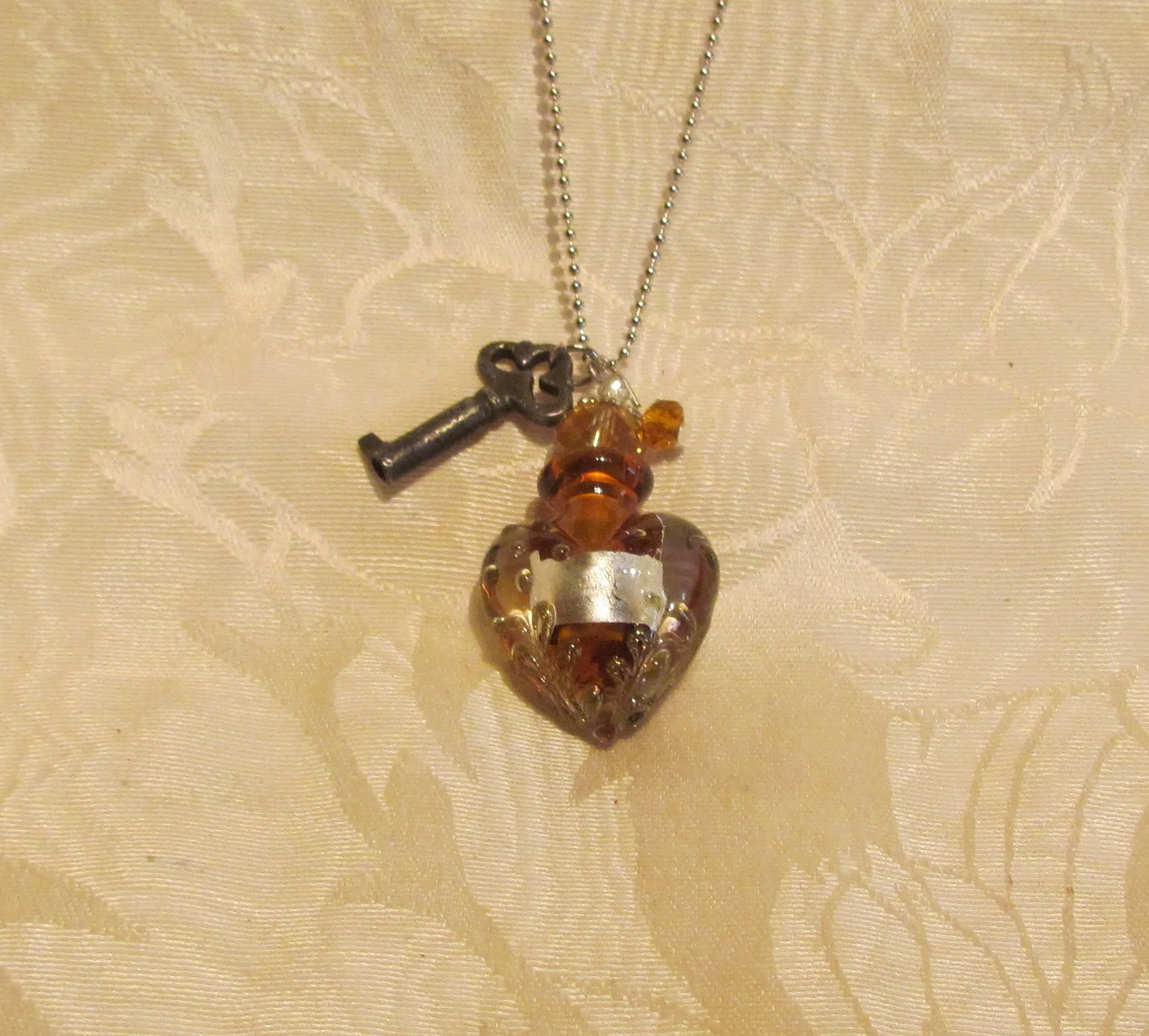 Heart & Key Bottle Necklace Murano Silver Amber Lampwork Pendant Bottle