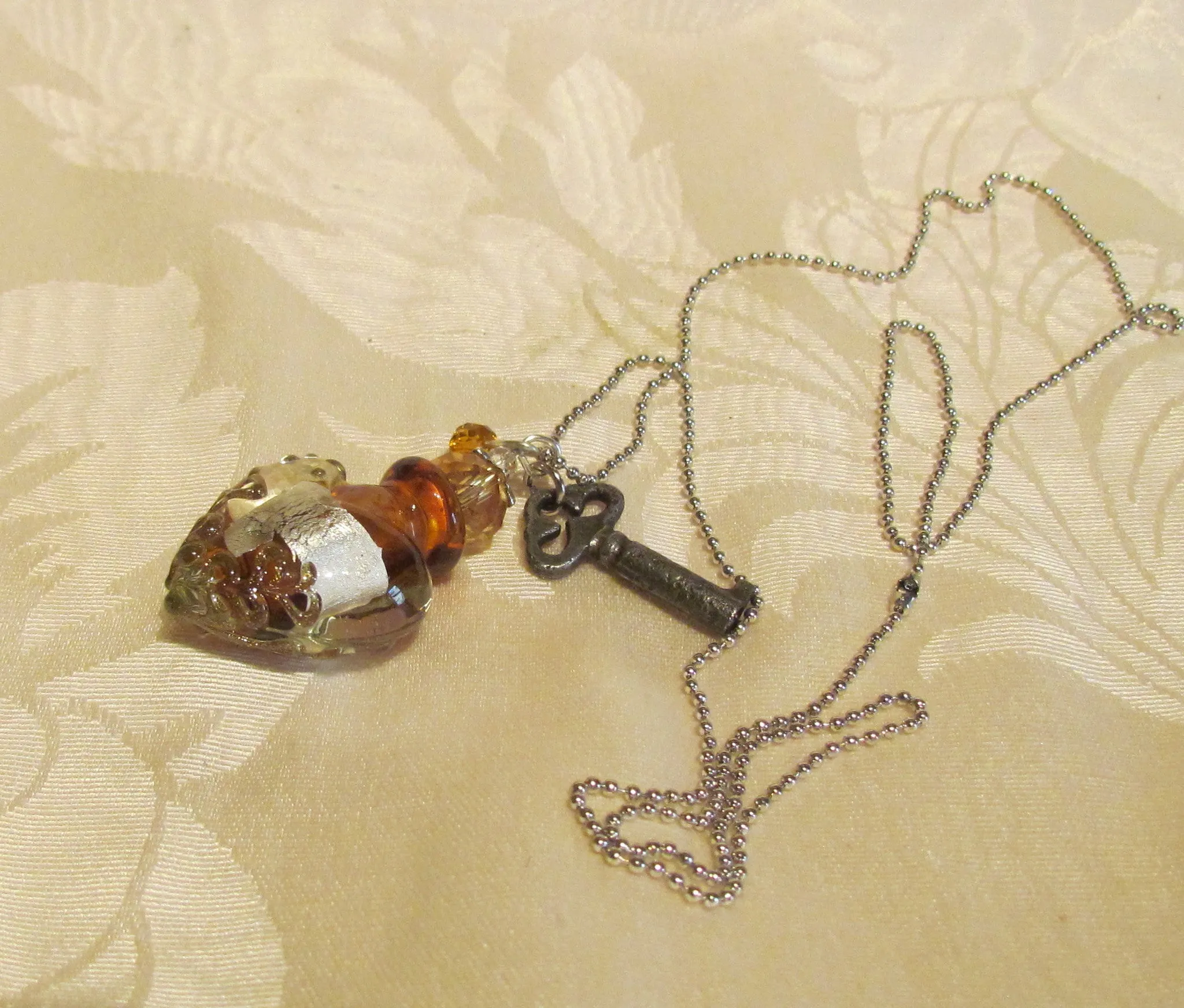 Heart & Key Bottle Necklace Murano Silver Amber Lampwork Pendant Bottle