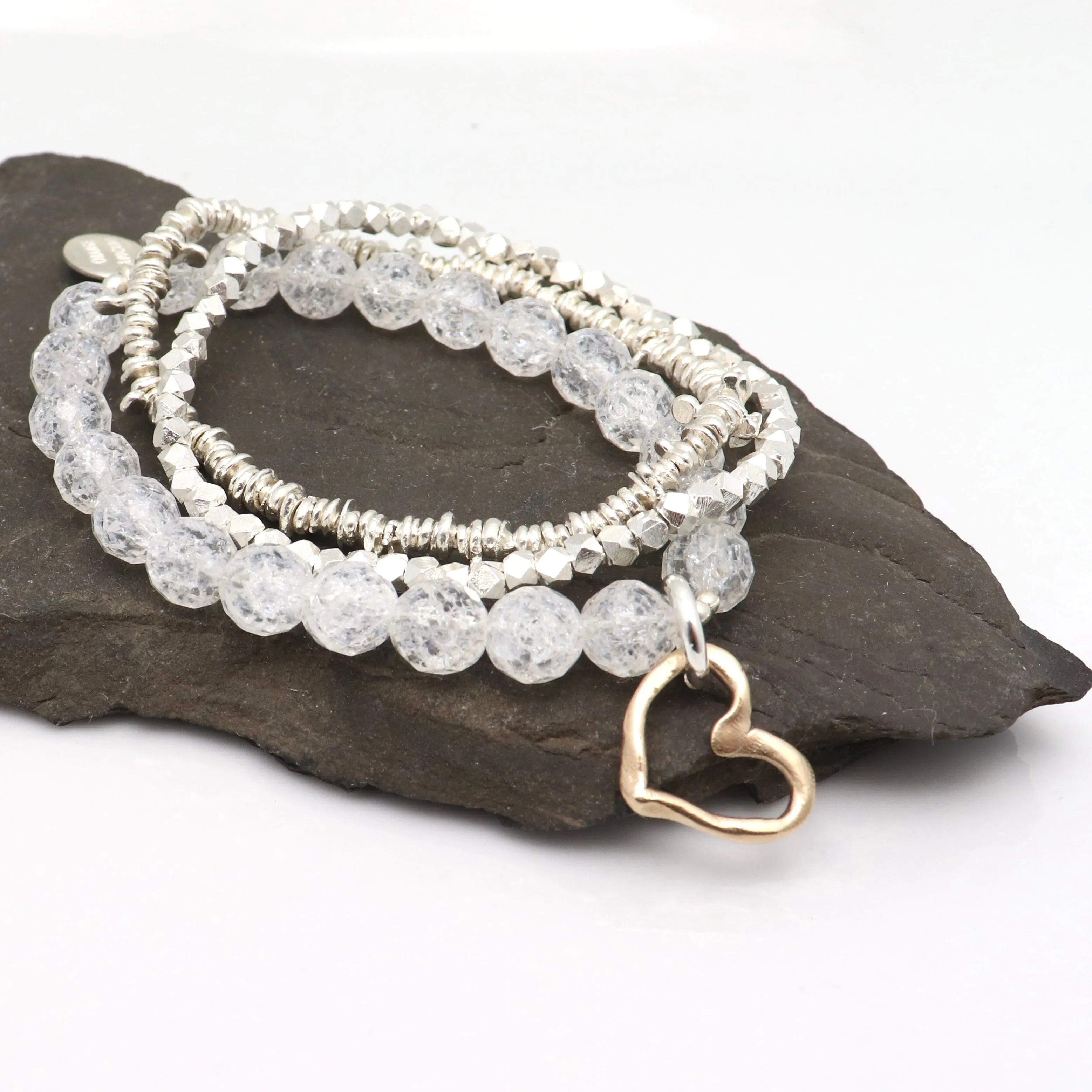 HEART Collection:  Cracked Quartz & Bronze Open Heart Stretch Bracelet