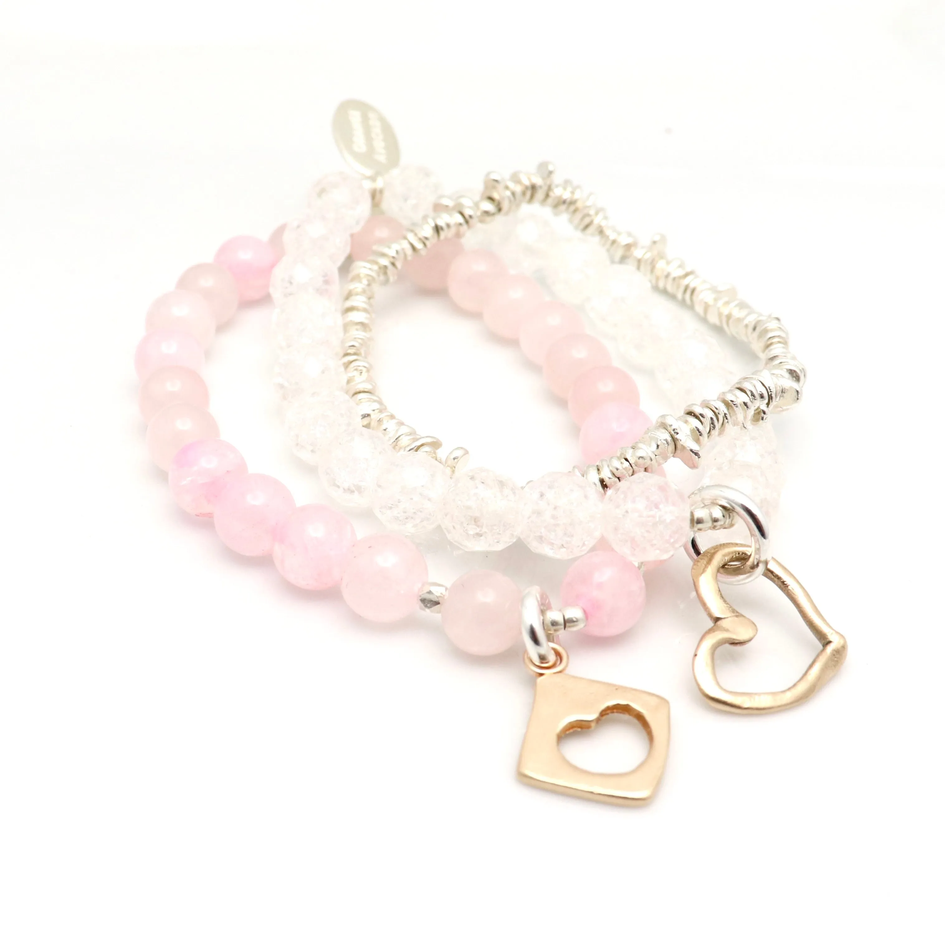 HEART Collection:  Cracked Quartz & Bronze Open Heart Stretch Bracelet