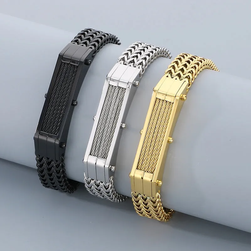 High-End Hip-Hop Men's Bracelet with Dual-Sided Design and Curved Brand Lines