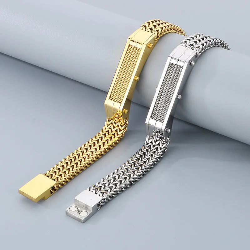 High-End Hip-Hop Men's Bracelet with Dual-Sided Design and Curved Brand Lines